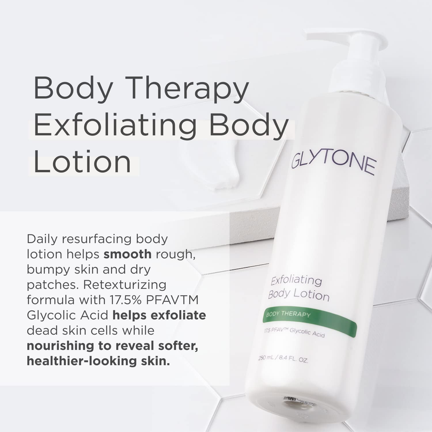 Glytone Exfoliating Body Lotion in hand for daily hydration and gentle exfoliation.