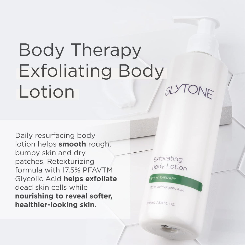 Glytone Exfoliating Body Lotion in hand for daily hydration and gentle exfoliation.