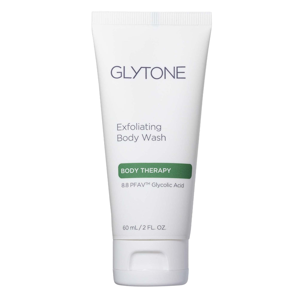 GLYTONE Exfoliating Body Wash bottle shown for fragrance-free hydration on dry skin.