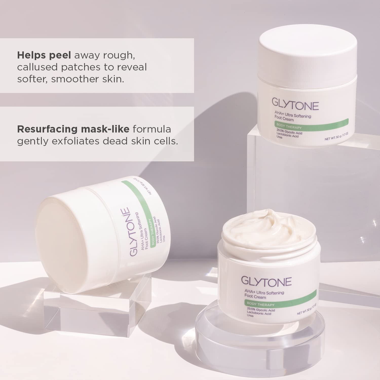 GLYTONE foot-care routine visuals; showing daily application for foot care.