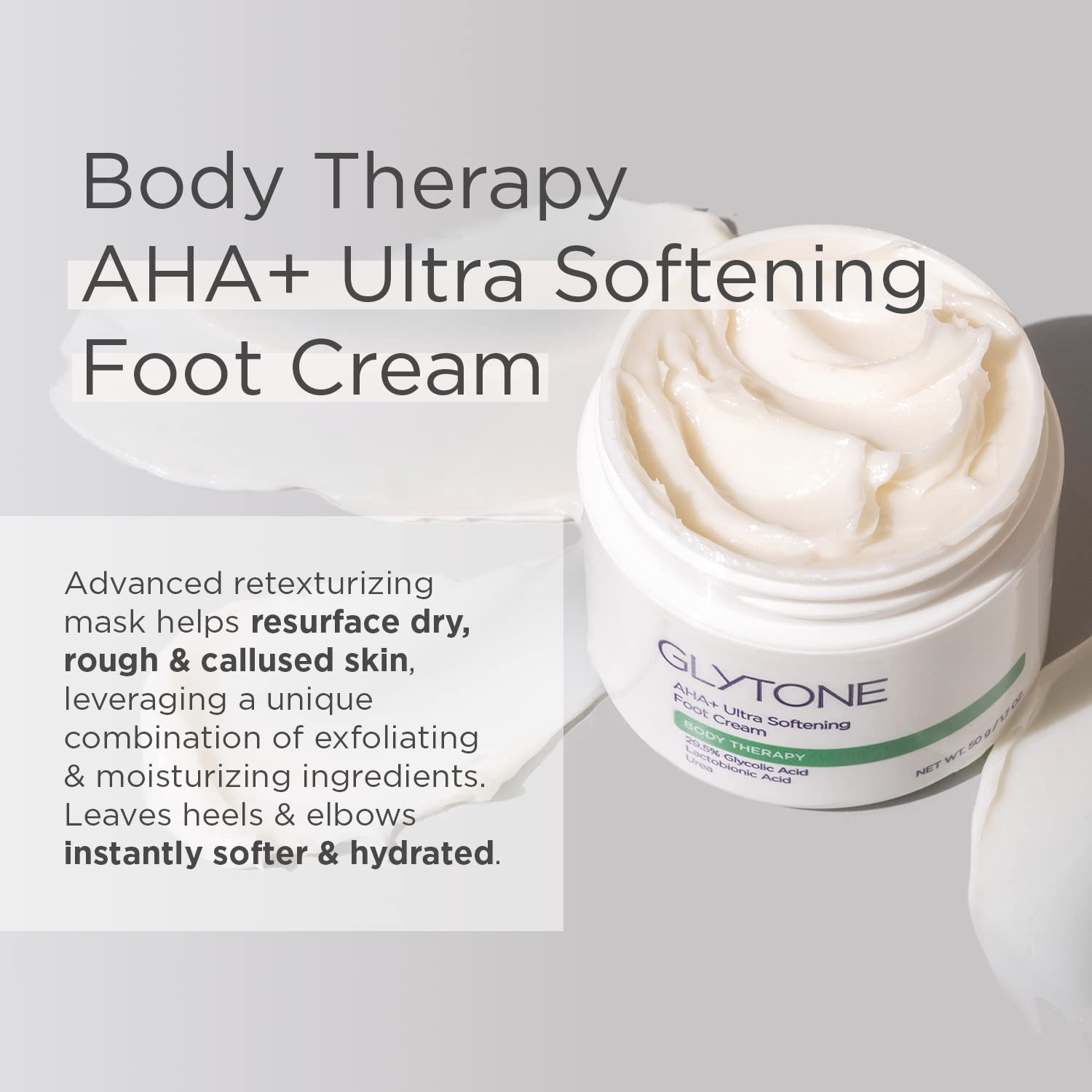 GLYTONE foot cream application closeup; demonstrates smooth texture and quick absorption.