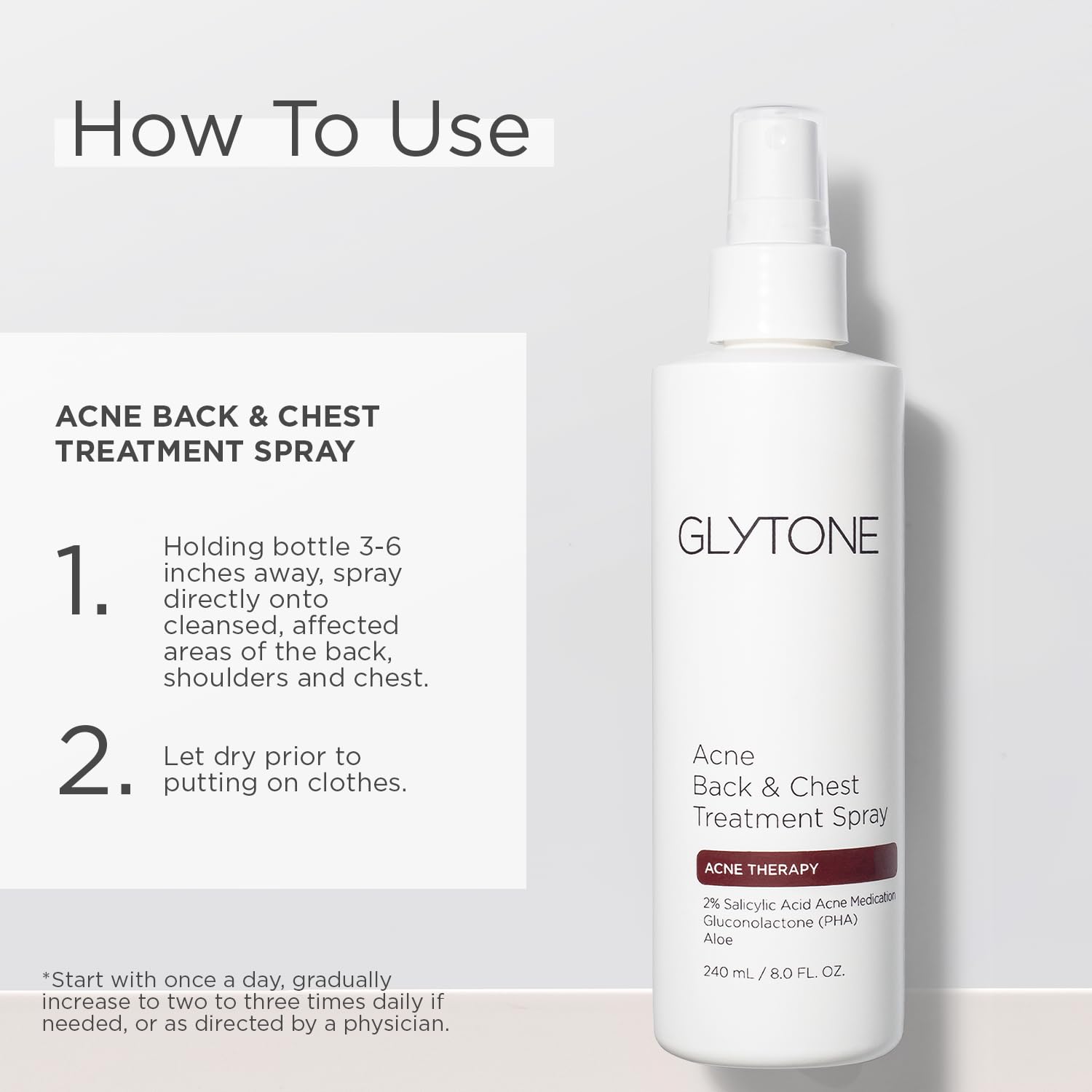 Fast-drying fragrance-free Glytone mist for back and chest care