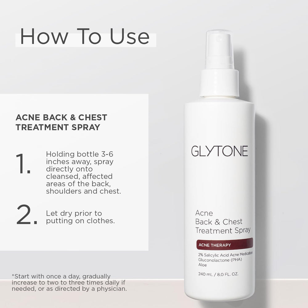 Fast-drying fragrance-free Glytone mist for back and chest care