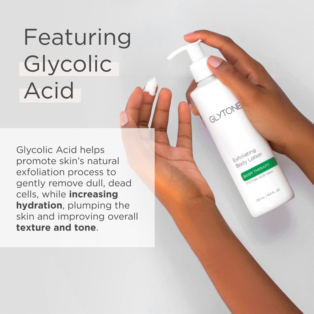 Glytone bottle label highlights PFAV 8.8 glycolic acid for exfoliation.