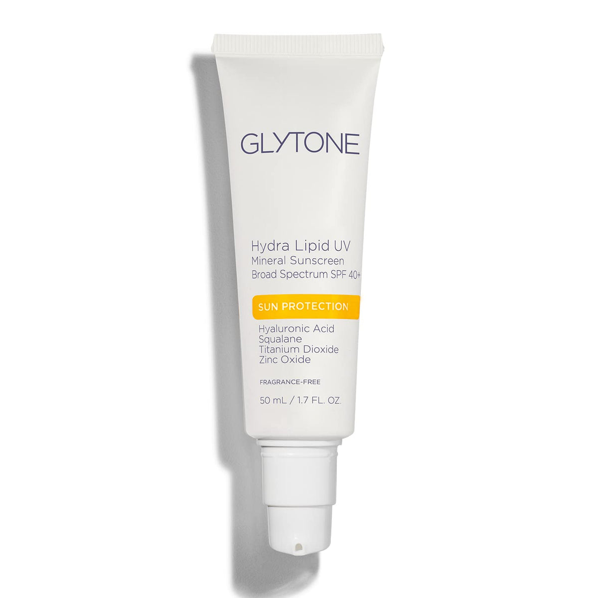 GLYTONE Hydra Lipid UV Mineral Sunscreen bottle shown for daily broad-spectrum protection.