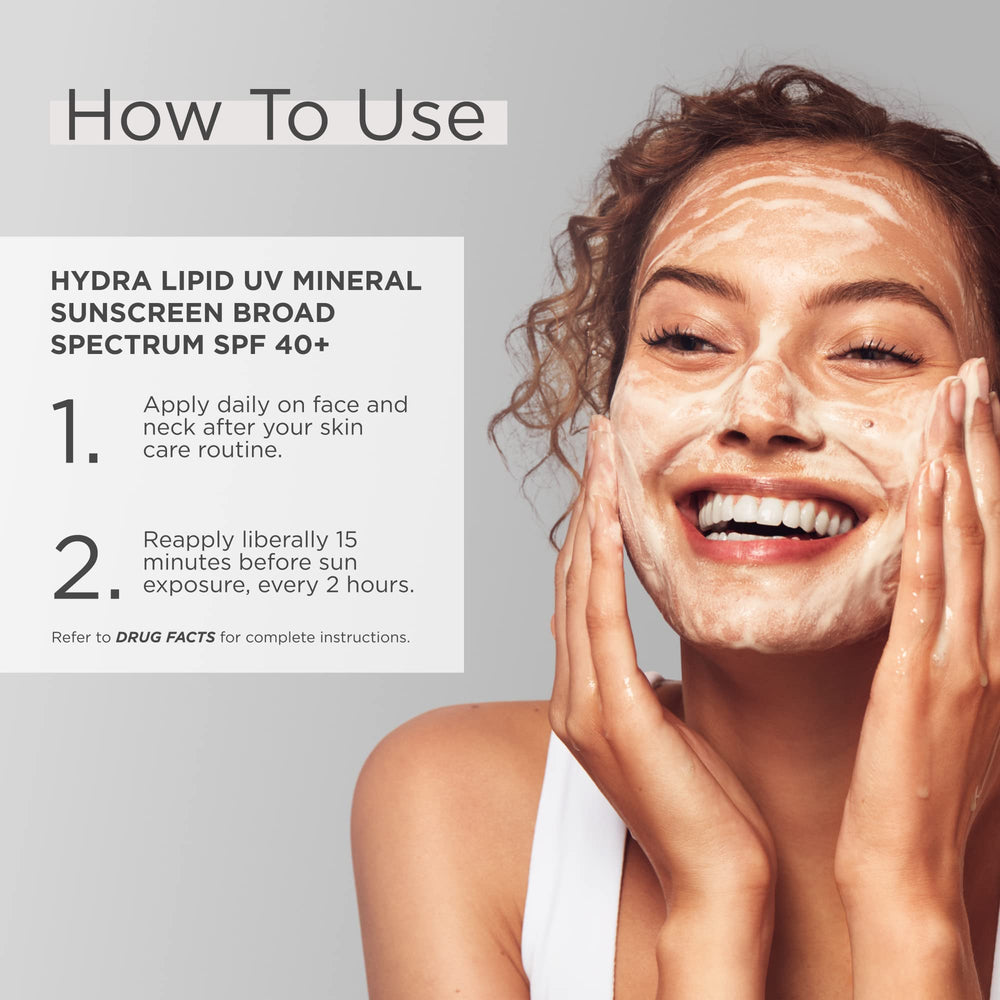 GLYTONE Hydra Lipid UV Mineral Sunscreen contains Squalane and Hyaluronic Acid for moisture.