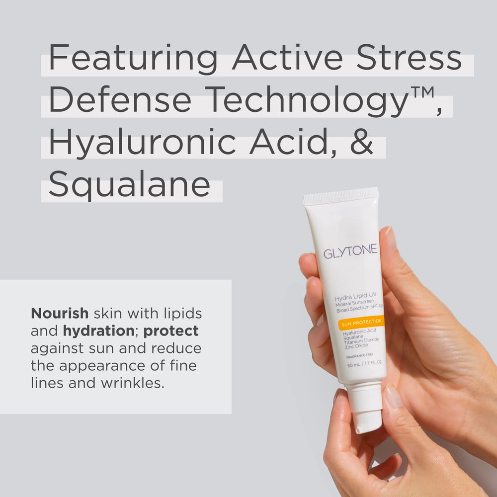 GLYTONE Hydra Lipid UV Mineral Sunscreen close-up showing Zinc Oxide and Titanium Dioxide.
