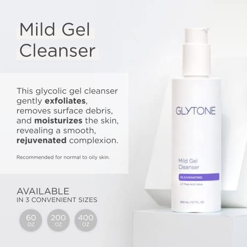 Glytone Mild Gel Cleanser bottle closeup showing glycolic acid for gentle exfoliation