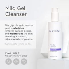 Glytone Mild Gel Cleanser bottle closeup showing glycolic acid for gentle exfoliation