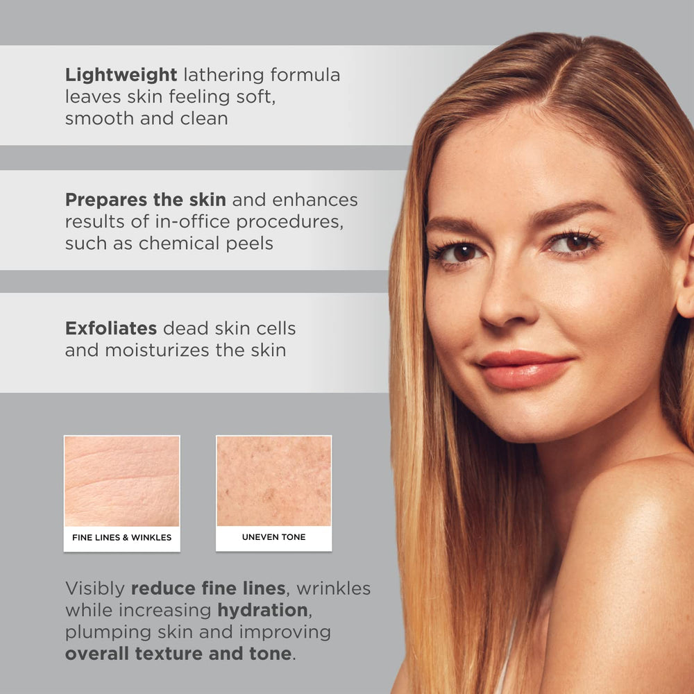 Glytone cleanser shows glycerin droplets for hydration and softness.