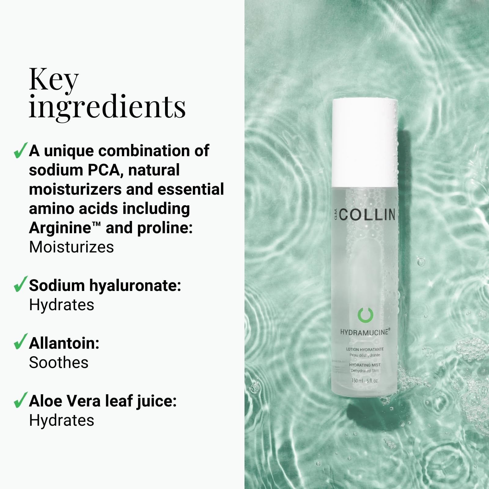G.M. COLLIN Hydramucine Hydrating Mist spray application shows easy, refreshing use on the face.