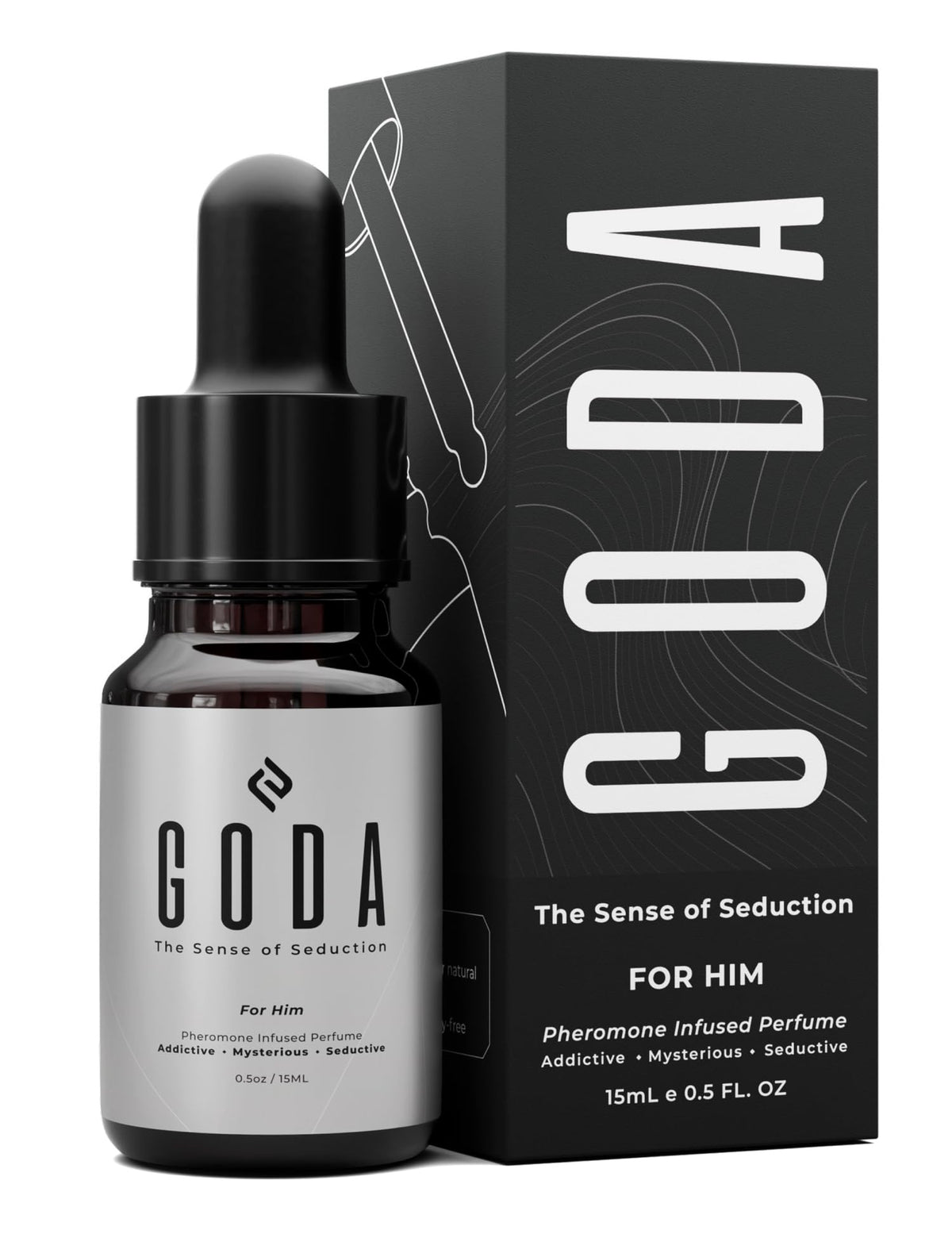 GODA pheromones cologne bottle closeup, refined scent for daily wear.
