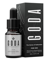 GODA pheromones cologne bottle closeup, refined scent for daily wear.