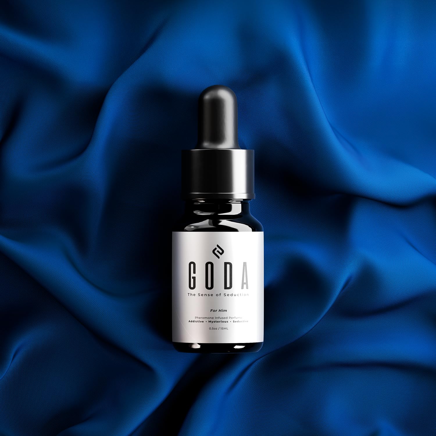 GODA pheromones cologne matte black bottle presents modern grooming aesthetic.