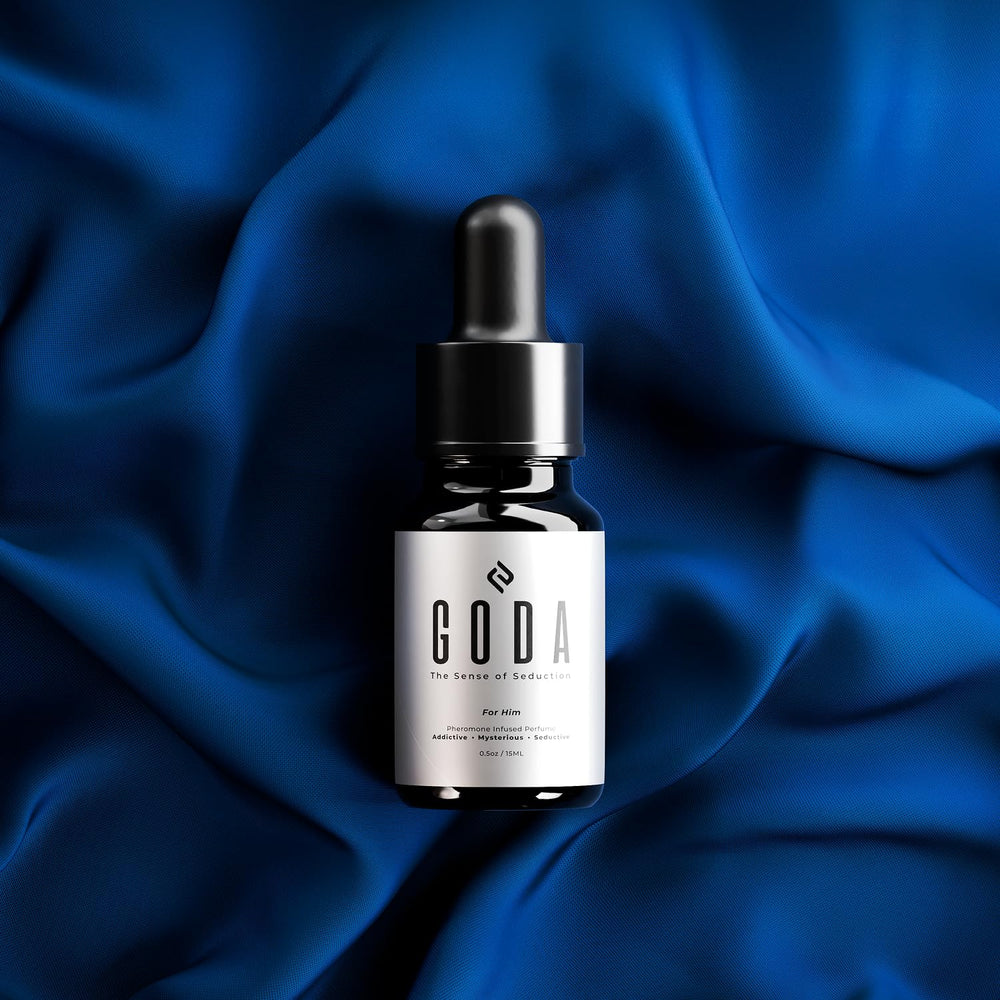 GODA pheromones cologne matte black bottle presents modern grooming aesthetic.
