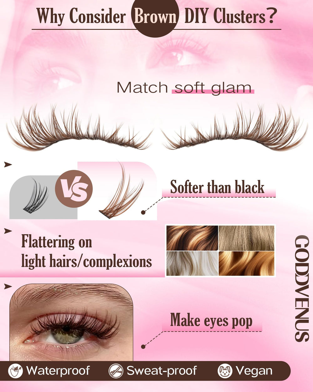 Goddvenus brown lash clusters enable DIY lash extensions at home for convenience.
