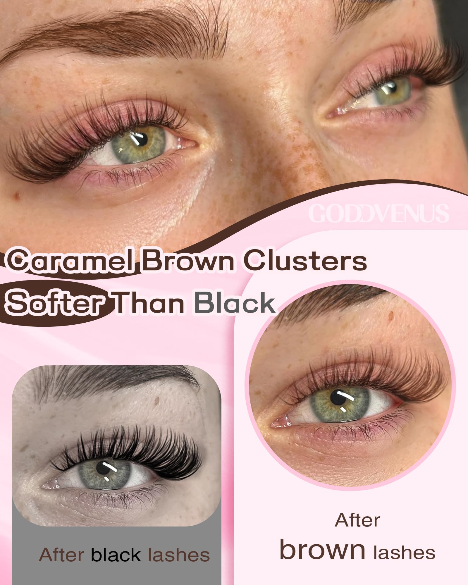 Goddvenus Brown Lash Clusters wispy texture close-up for comfortable everyday wear.