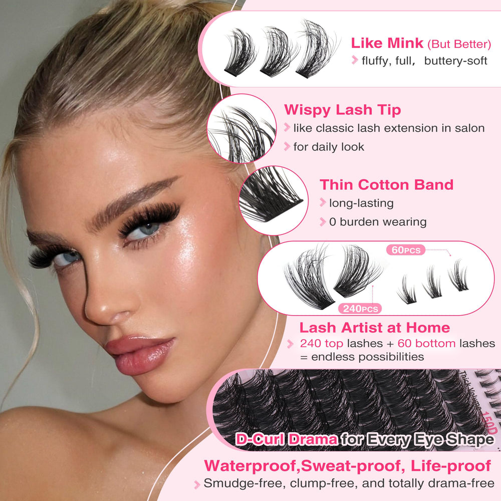 Goddvenus d-curl waterproof lash clusters highlights durable, water-resistant lashes for all-day wear.