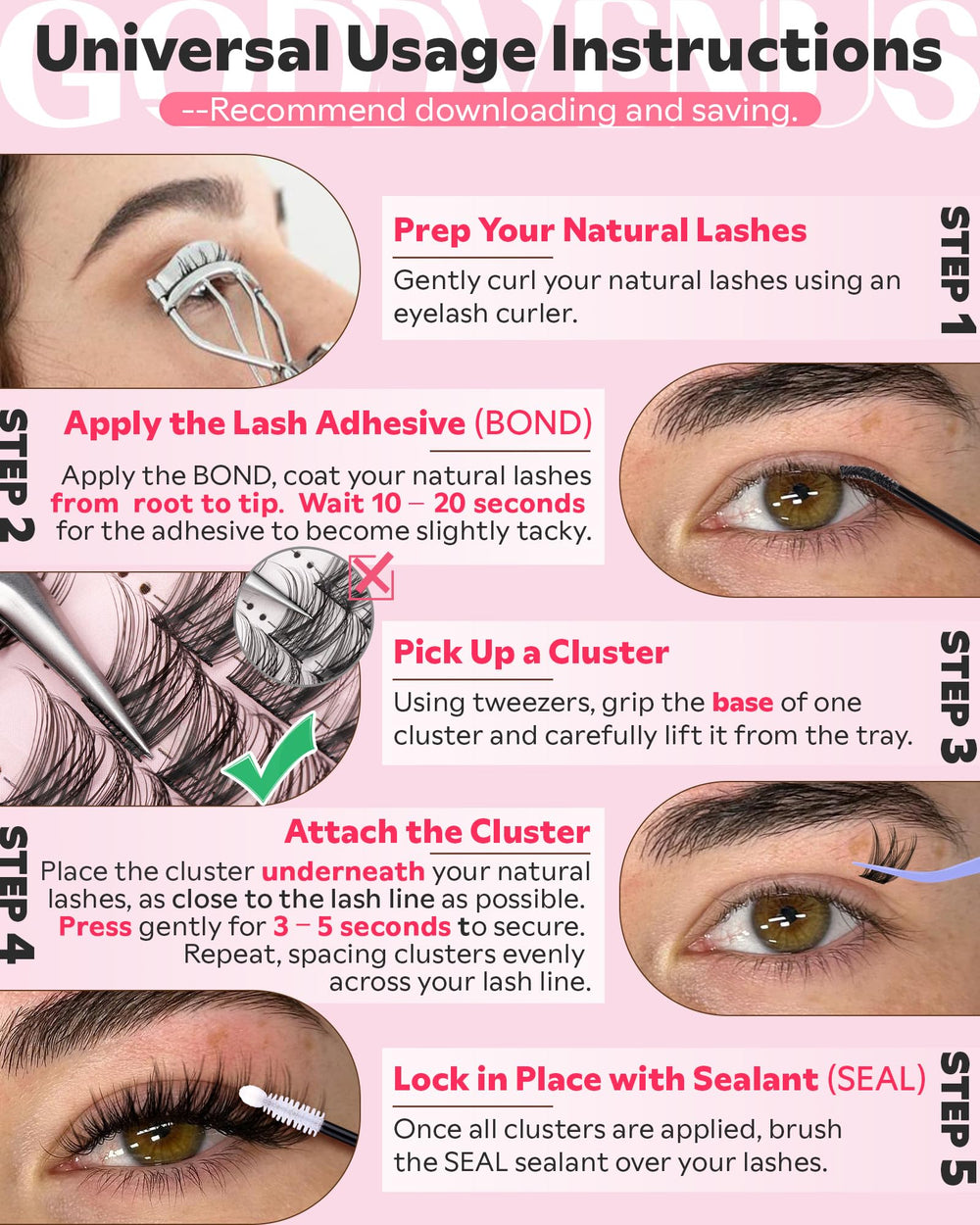 Goddvenus Lash Clusters no-tweezers-included note supports eco-friendly at-home use.