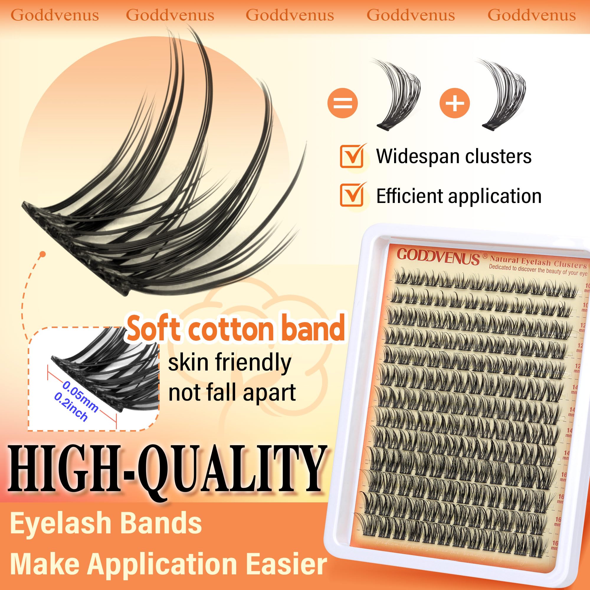 Goddvenus soft cotton-band lash clusters resting along the lash line for all-day comfort.