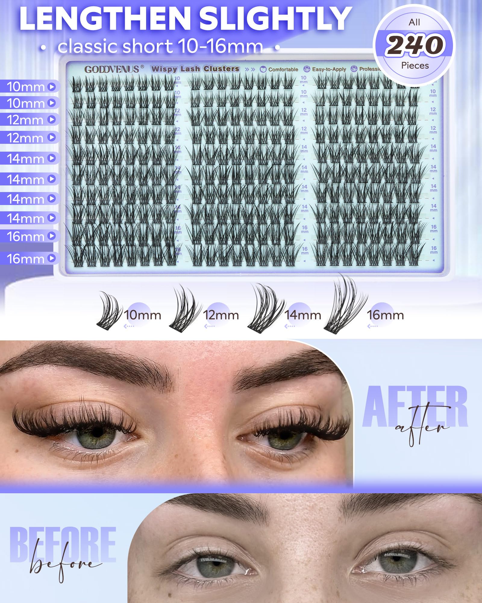 Goddvenus Wispy Lash Clusters Kit 10-16mm range for customizable Cat Eye or Doll looks.