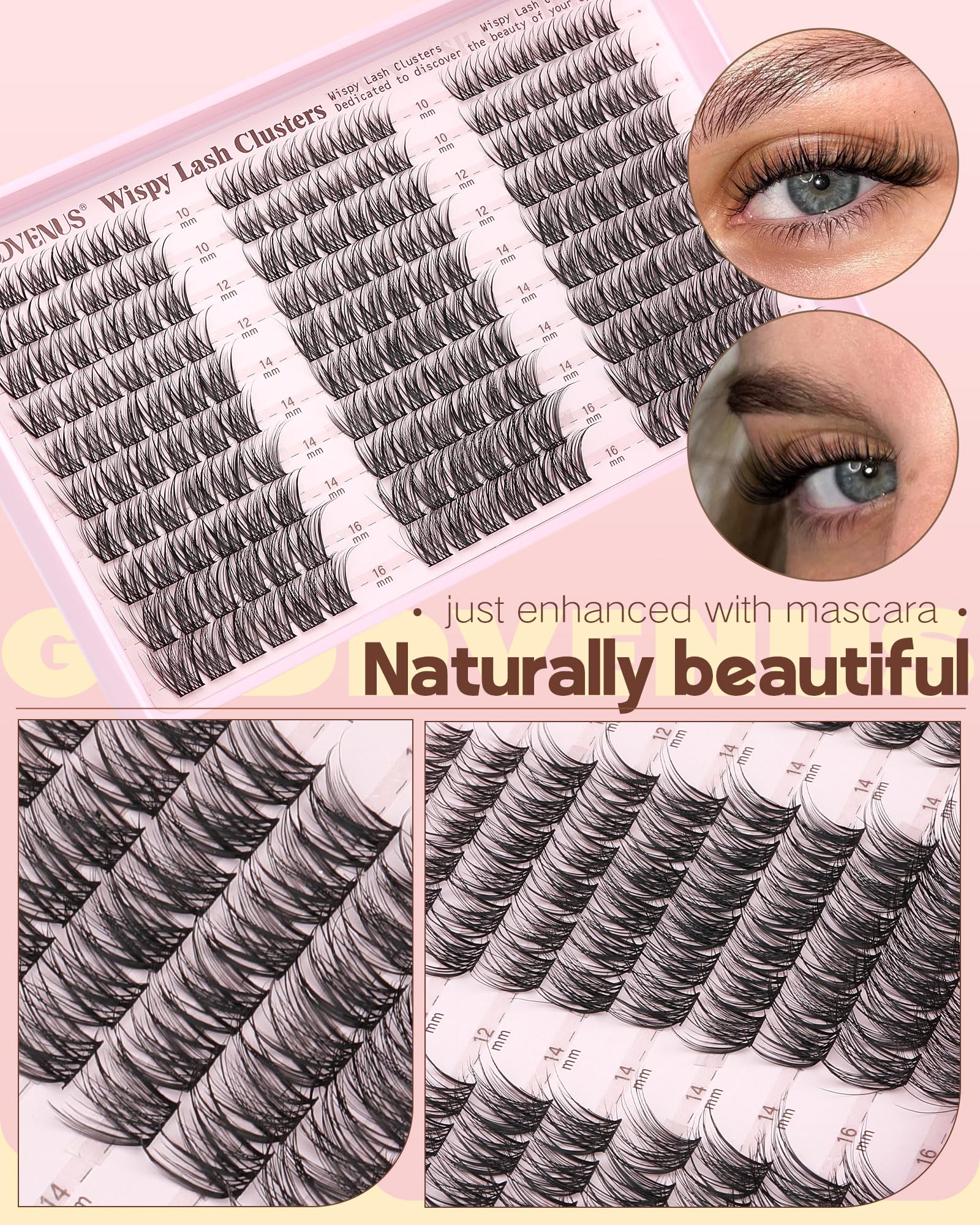 Goddvenus Wispy Lash Clusters Kit includes 180 natural lash clusters for fuller results.