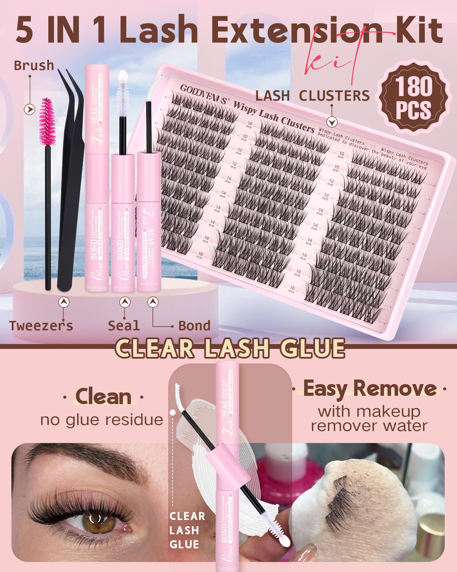 Goddvenus Wispy Lash Clusters Kit includes brush and tweezers for precise application.