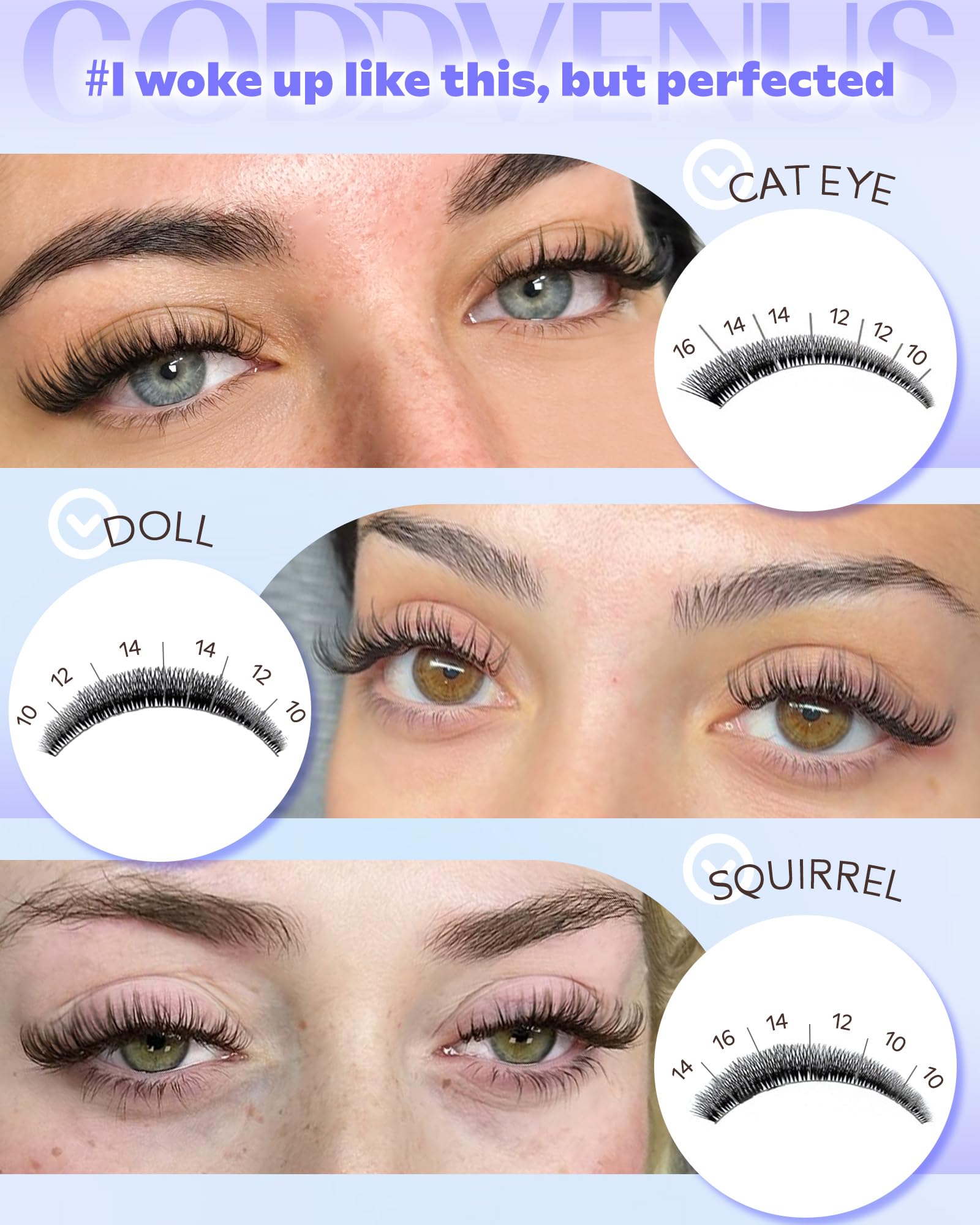 Goddvenus Wispy Lash Clusters Kit fluffy clusters showing feather-light comfort on bare lash line.