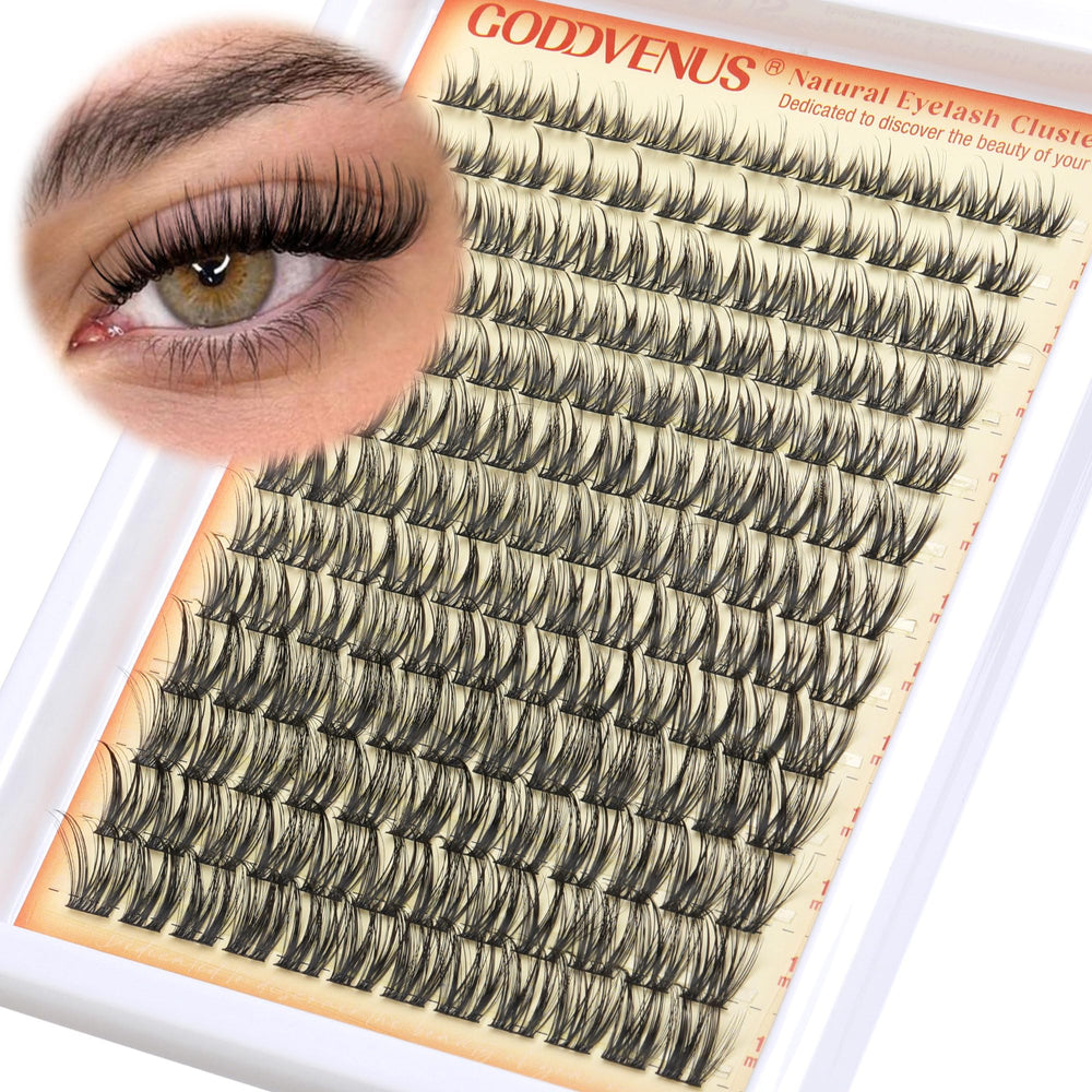 Goddvenus wispy lash clusters pack viewed close-up, 156-piece set for DIY lash extensions.