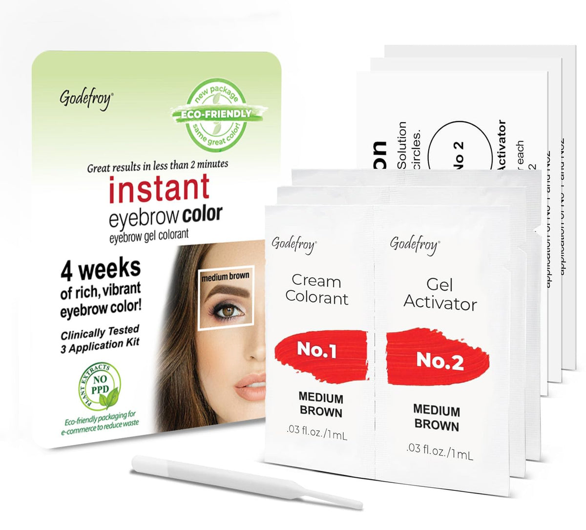 Godefroy brow color packaging shows portable, travel-friendly brow solution.