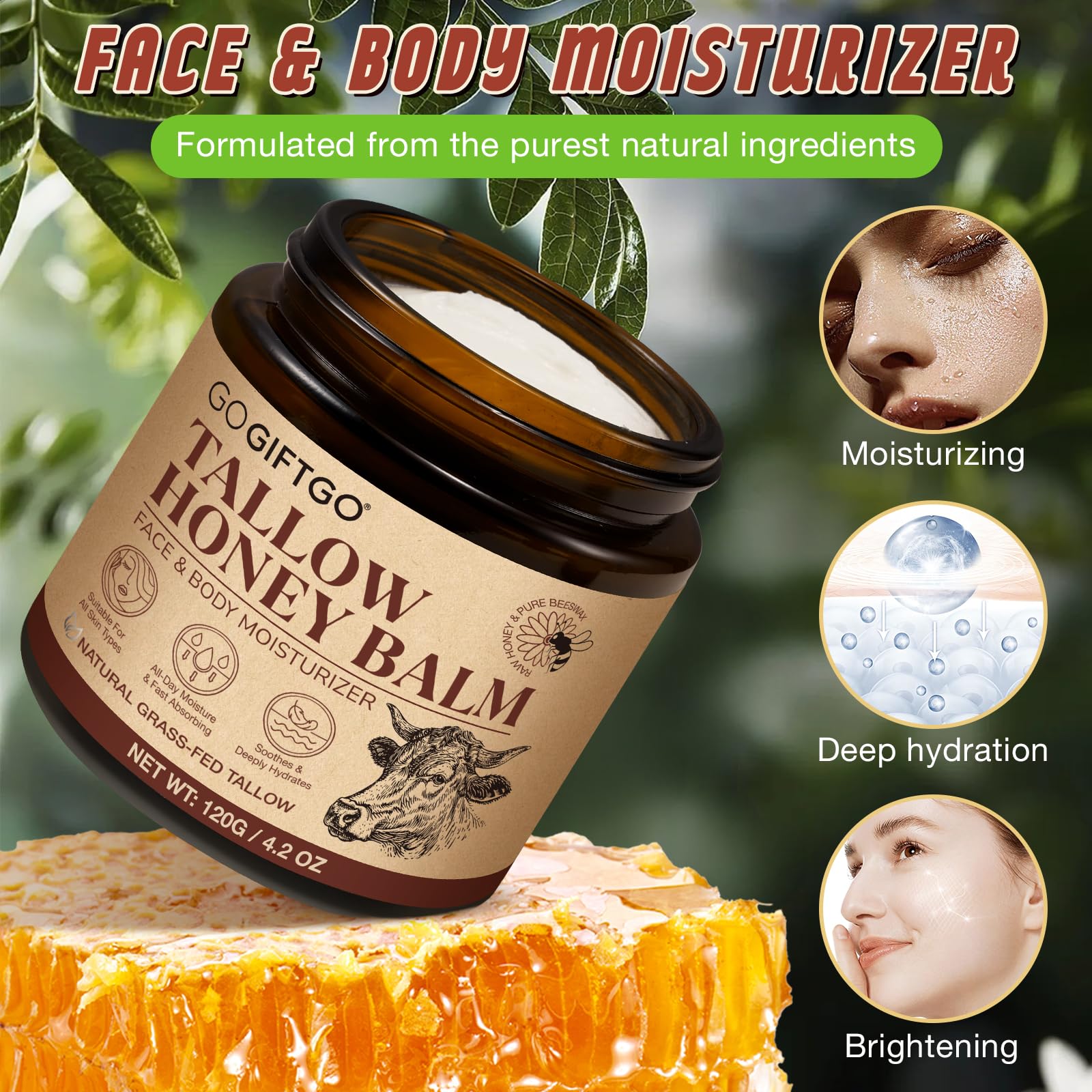 GOGIFTGO Beef Tallow Honey Balm applied to the face for gentle hydration.