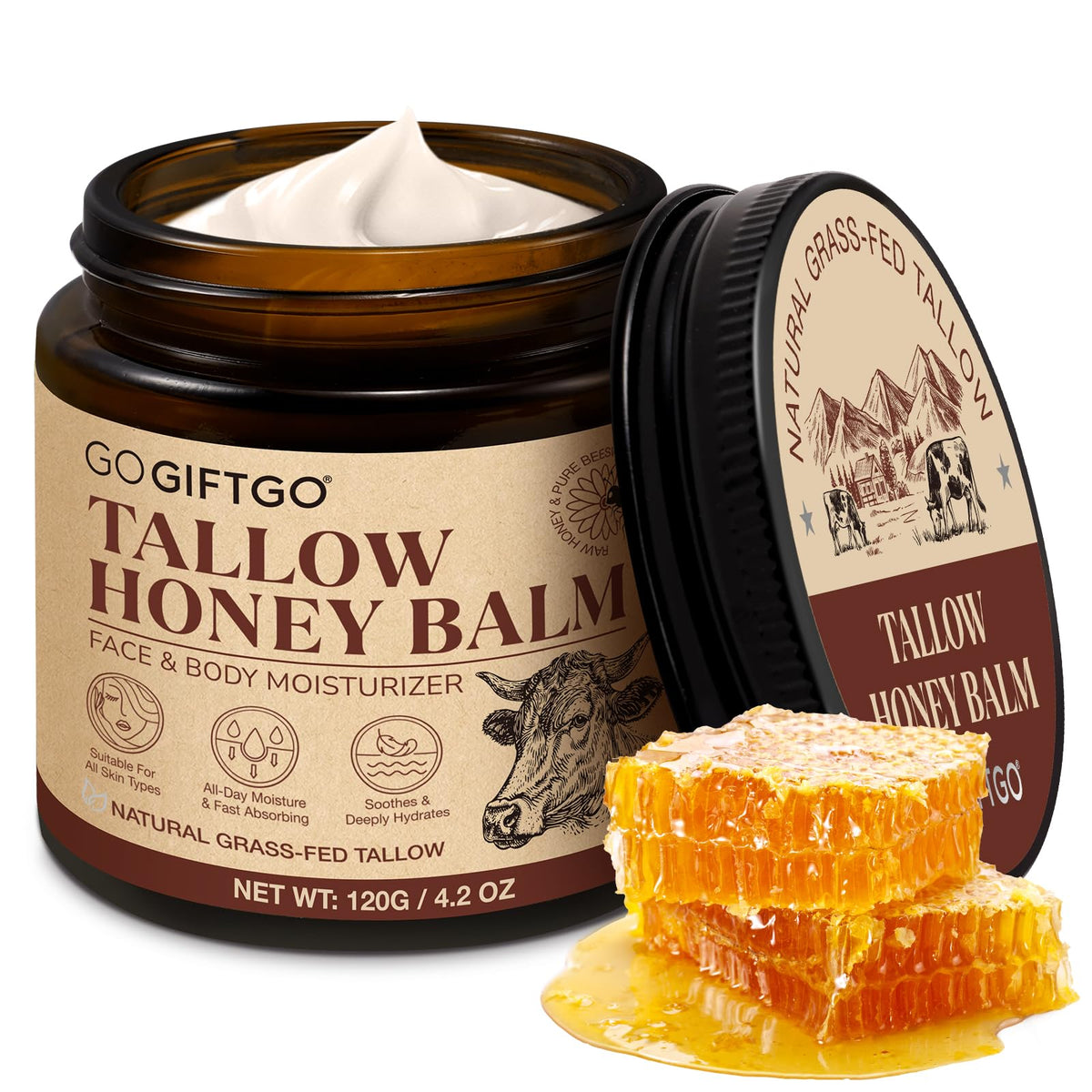 GOGIFTGO Beef Tallow Honey Balm in glass bottle highlights natural moisturization for dry skin.