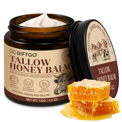 GOGIFTGO Beef Tallow Honey Balm in glass bottle highlights natural moisturization for dry skin.