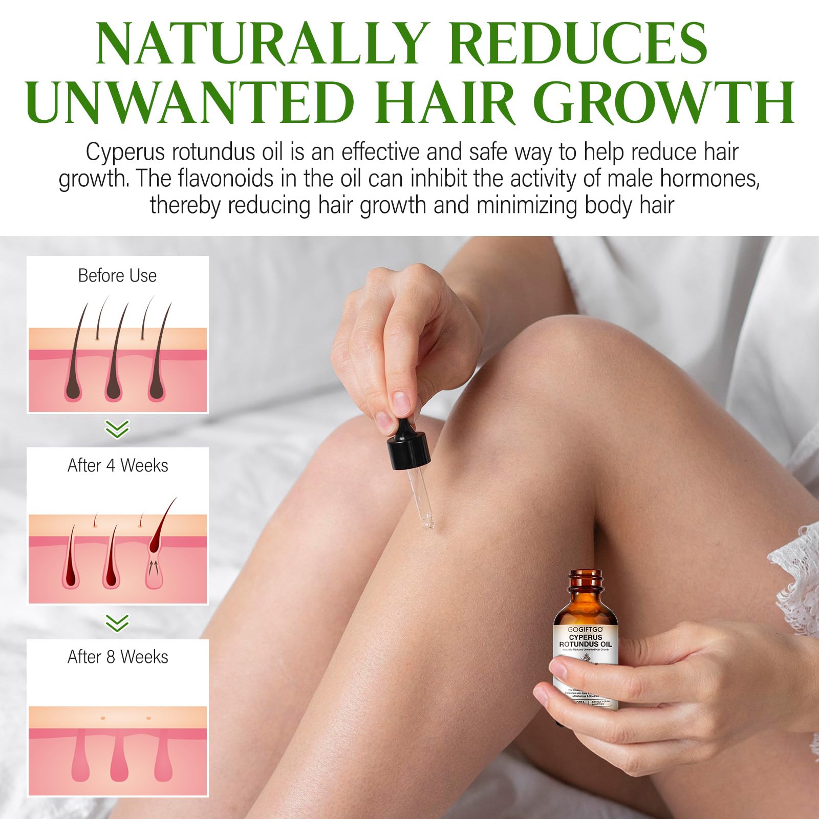 GOGIFTGO Cyperus Rotundus Oil dropper close-up highlighting natural formulation for sensitive skin.