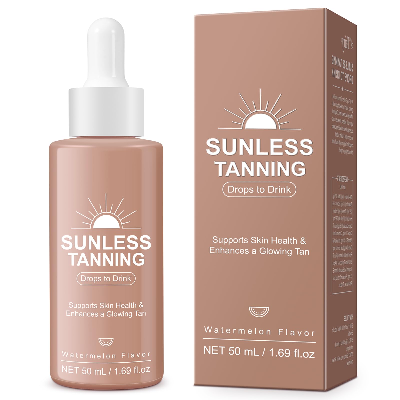 GOGIFTGO tanning drops to drink bottle shows easy daily dose for gradual bronze skin.