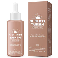 GOGIFTGO tanning drops to drink bottle shows easy daily dose for gradual bronze skin.
