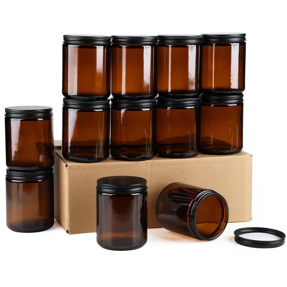 Goiio amber glass jar front view shows compact eight-ounce storage for spices, cosmetics, or samples.