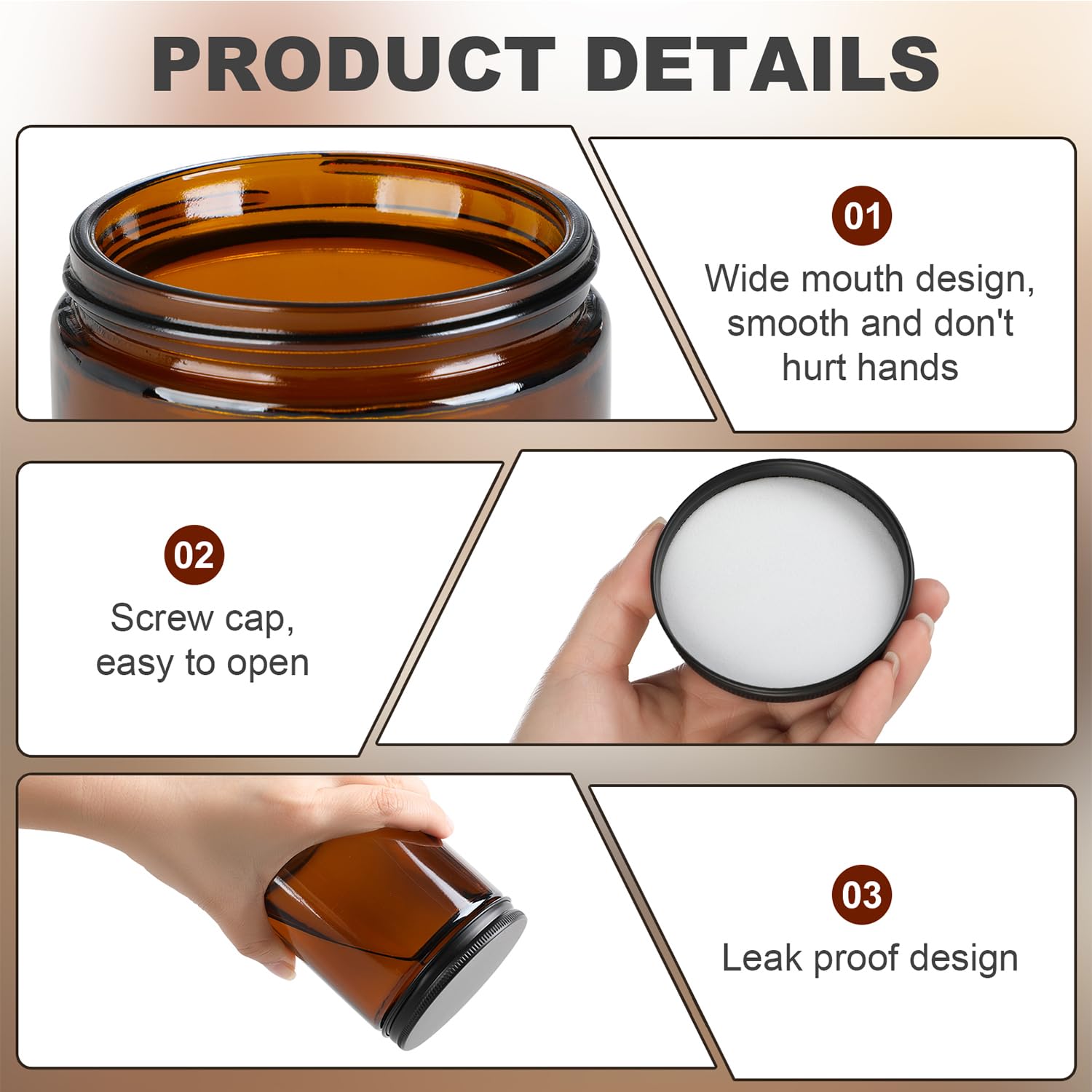 Goiio amber glass jar wide mouth facilitates easy dispensing of spices or scrubs.