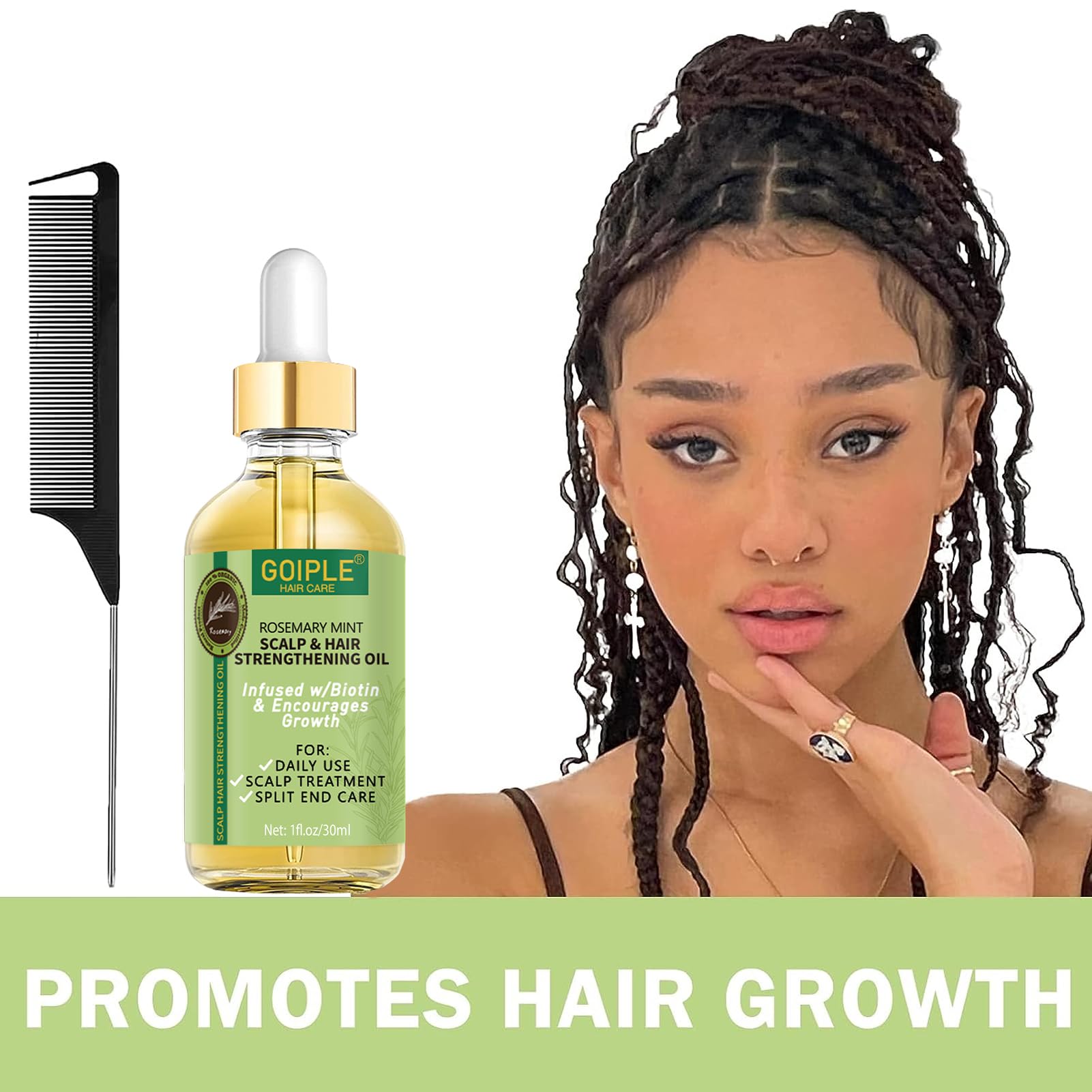 Goiple black rat-tail comb for precise parting and braiding.