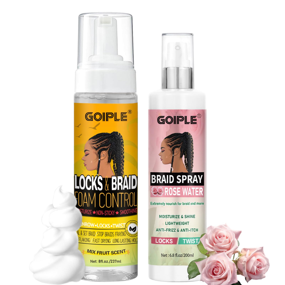 Goiple braid foam-control mousse bottle closeup for smooth twist styling