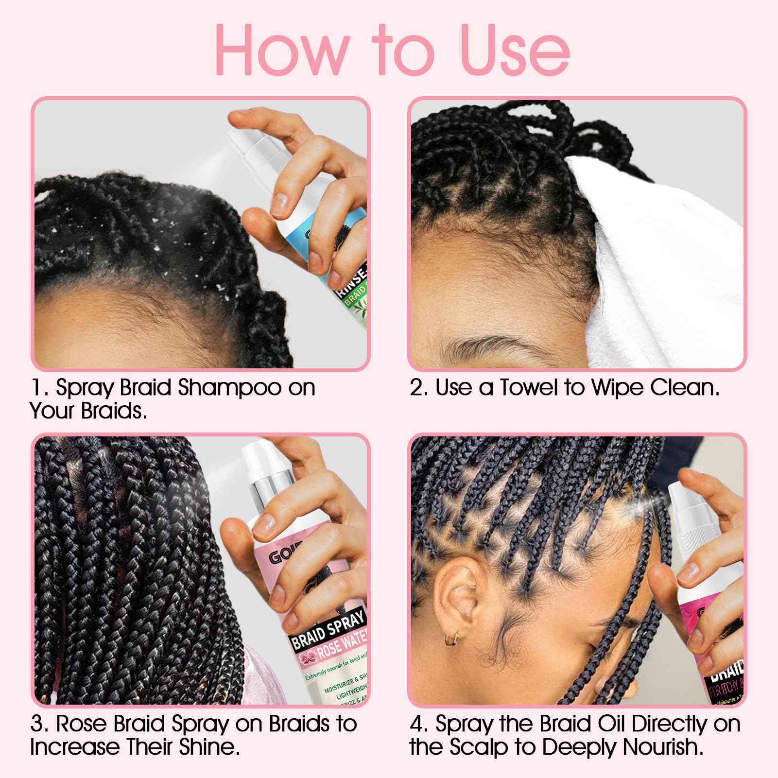 Goiple Braid Spray Rose Mint anti-frizz-visual illustrates smoother braids.