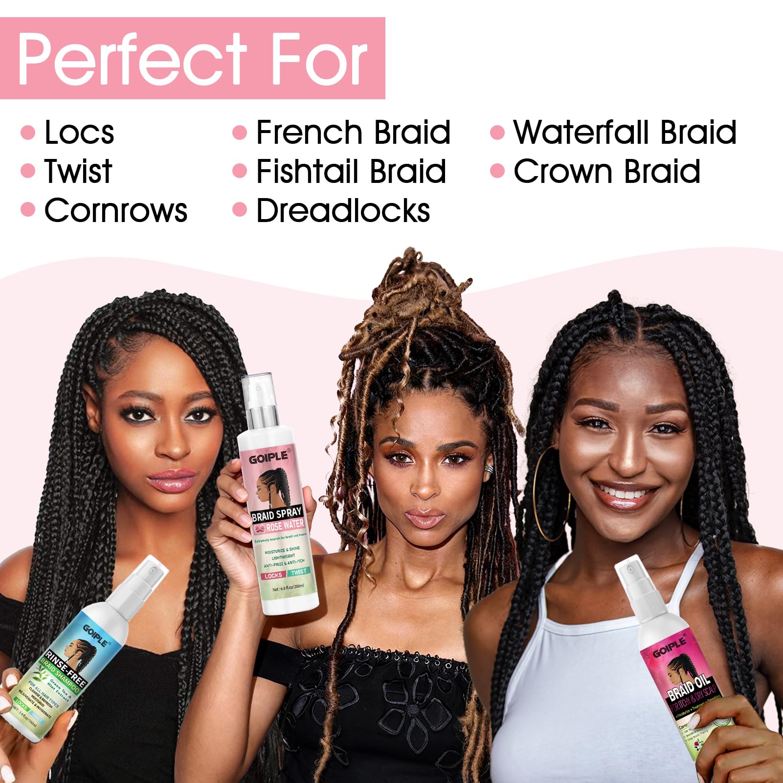 Goiple Braid Spray Rose Mint shiny-braid-gloss displays enhanced luster and frizz control.