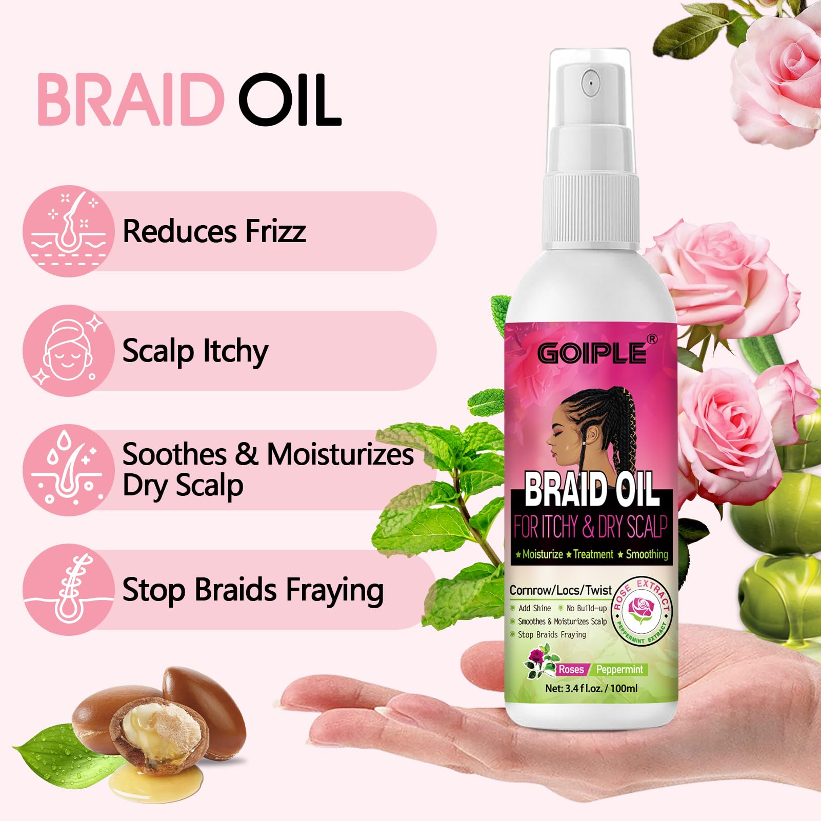 Goiple Braid Spray Rose Mint travel-size-bottle ready for on-the-go styling.