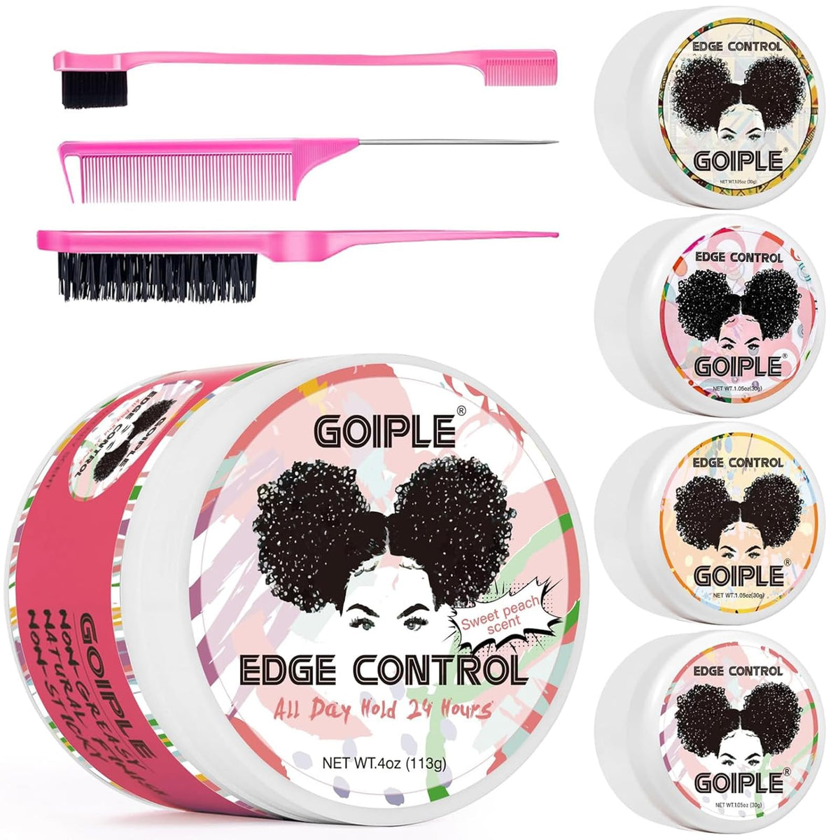 Goiple edge control wax collection box shows eight-piece set for versatile looks.