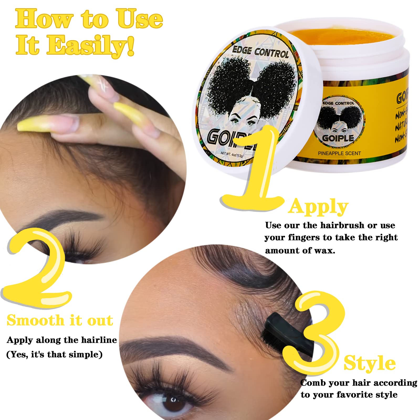 Goiple edge control wax yellow pack provides sleek styling and moisture balance.