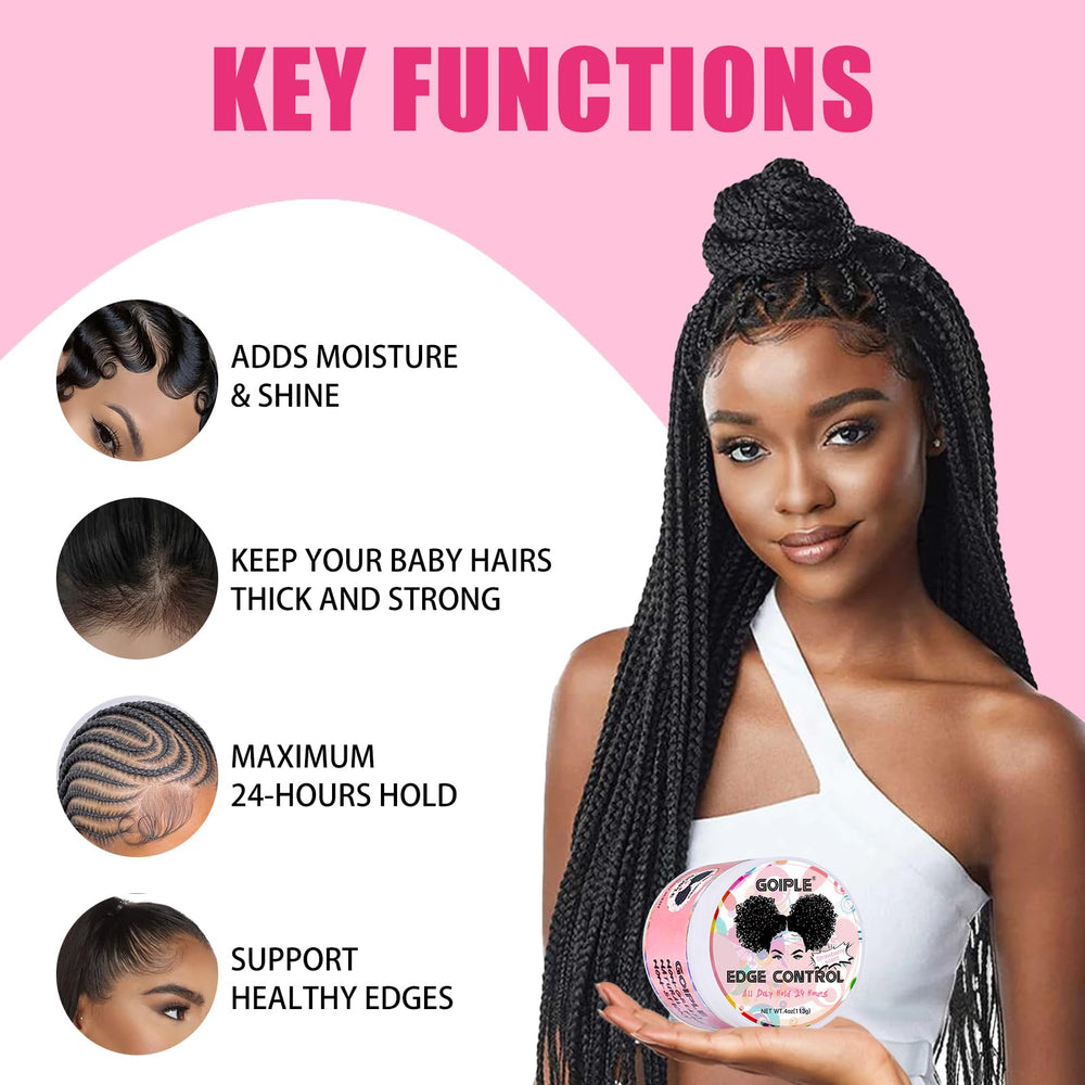 Goiple edge-wax non-greasy formula on hair strand demonstrating lightweight, all-day hold on various textures.