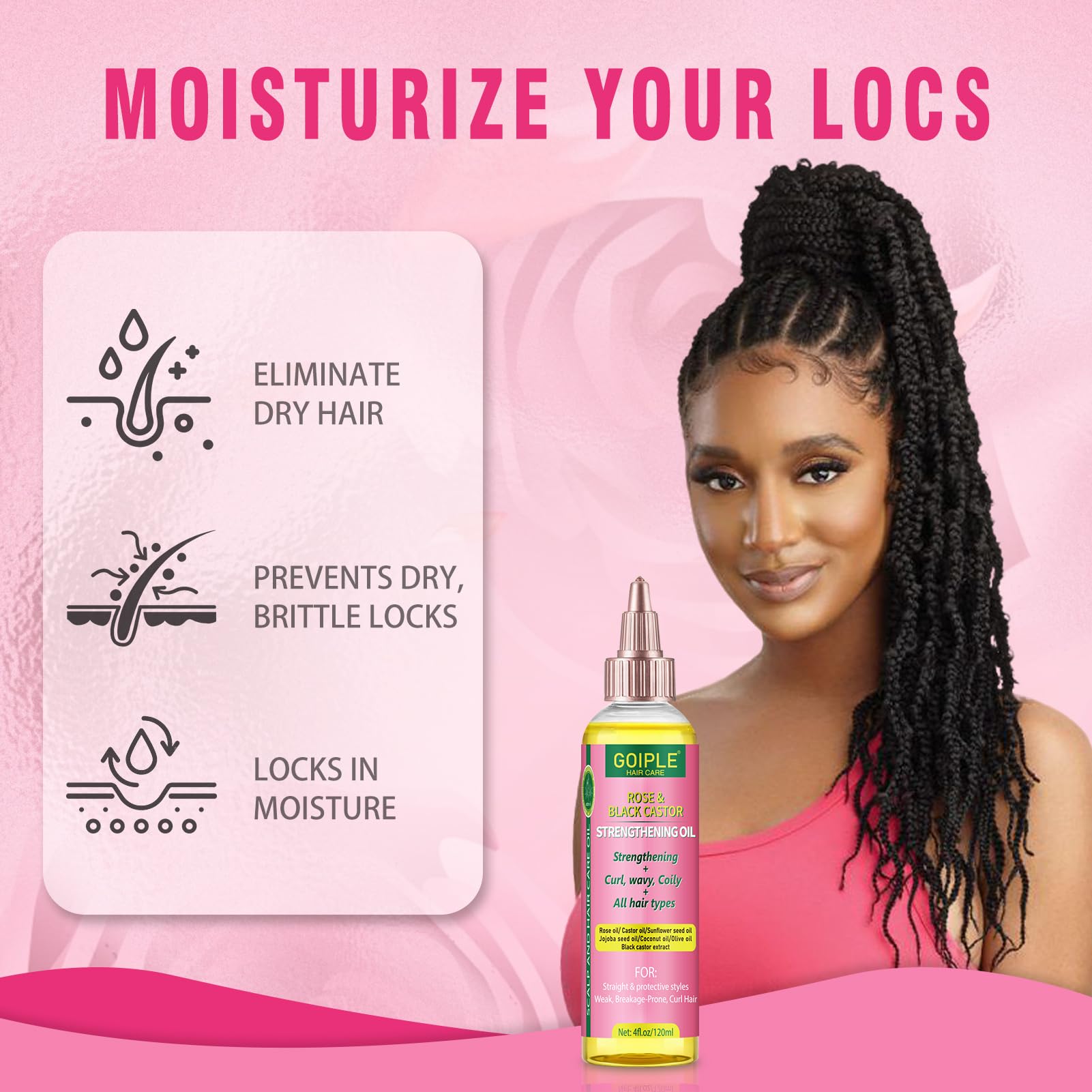 Goiple rose-castor oil bottle highlighting nourishment that supports healthier hair texture.