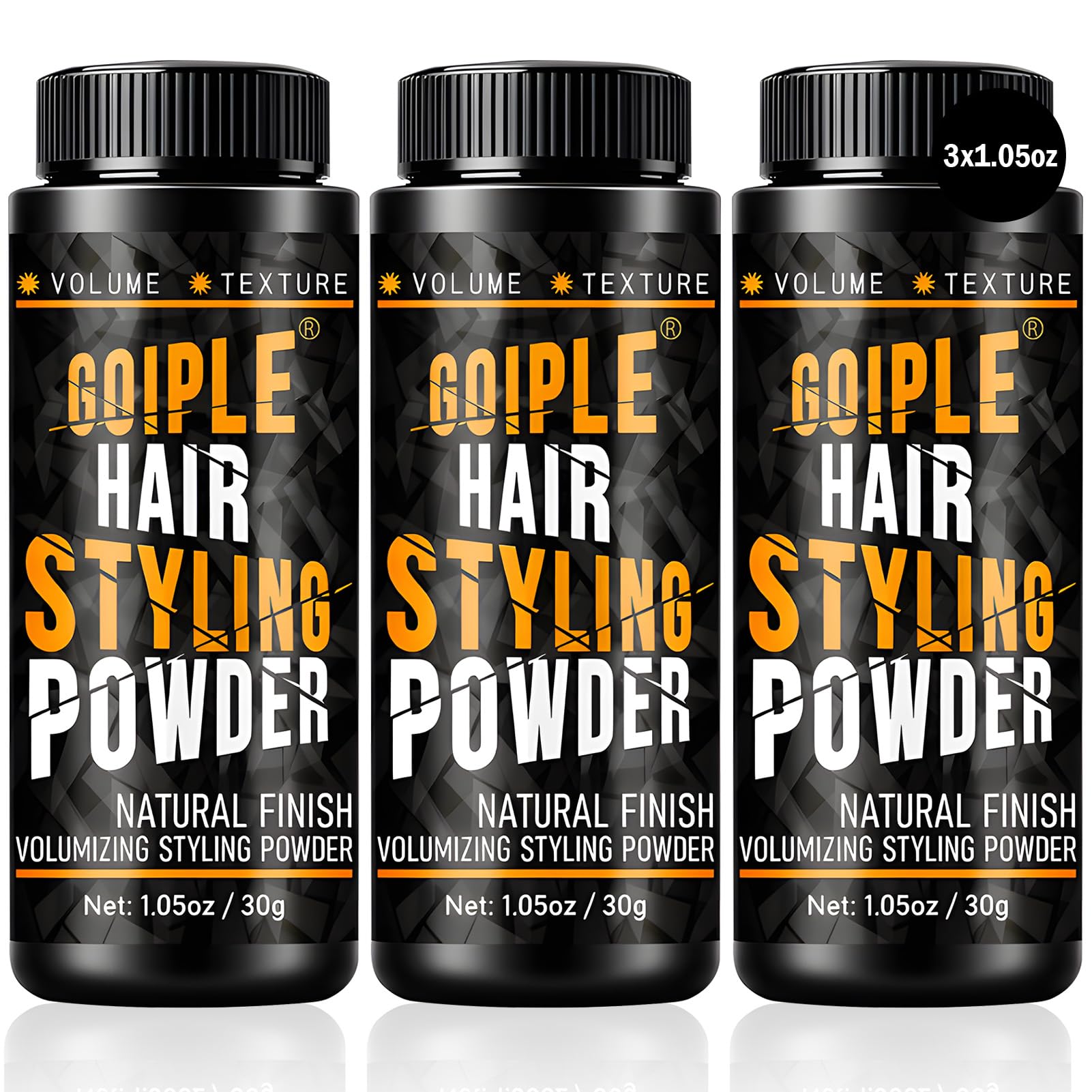 Goiple hair styling powder jar shows natural volume and texture for fuller hair.