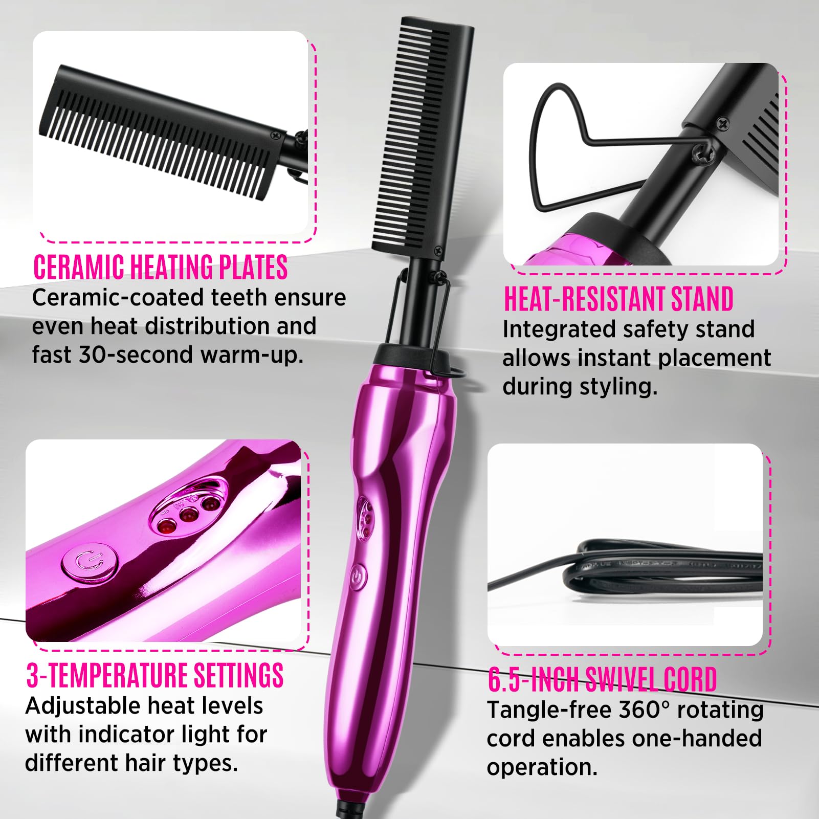 Goiple ceramic plate hot comb glides smoothly through textured hair for sleek results.