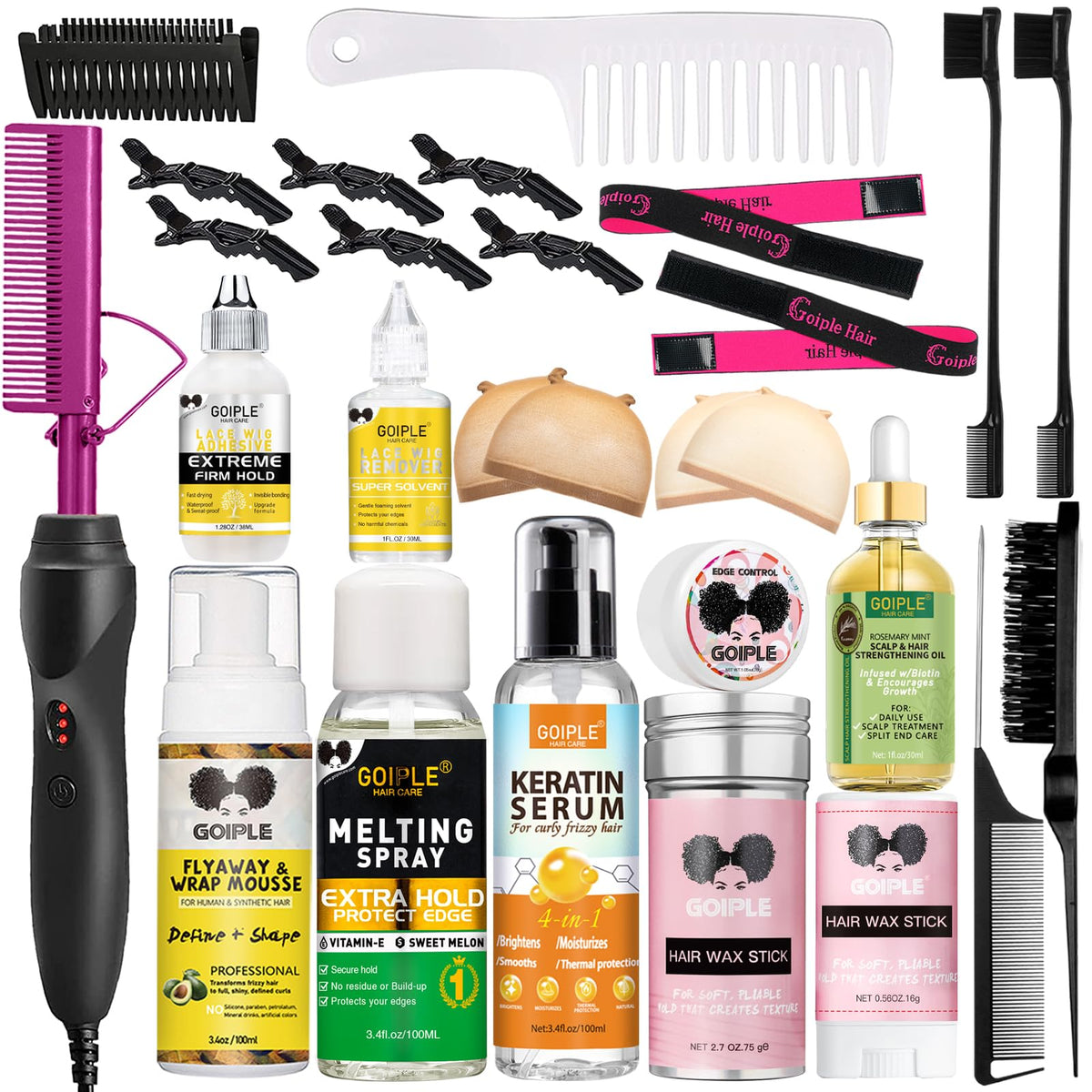Goiple hot comb set assembled for easy wig styling and straightening.